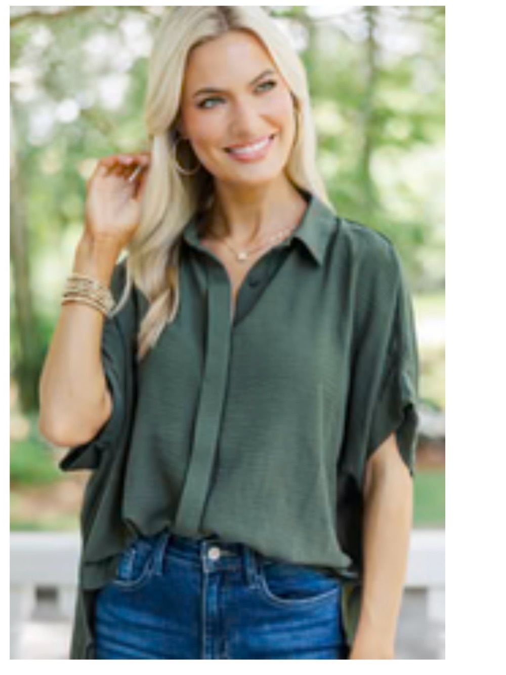 Relaxed Collared Dolman Top in Olive Green